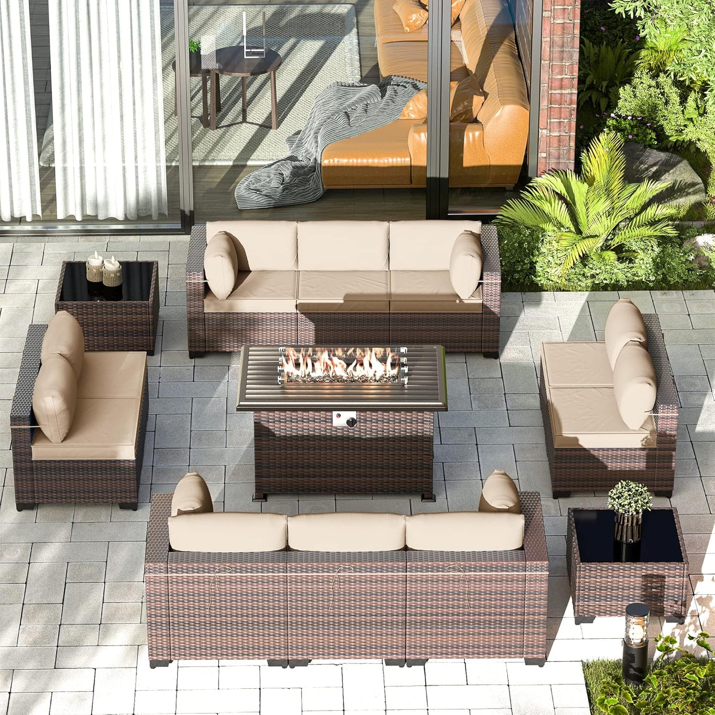 Gotland 7 Pieces Patio Furniture Set with 1 Coffee Table, 6 Seater Wicker Rattan Patio Set with 29.5'' High Backrest Thick Cushions Adjustable Foot Pads, for Porch Deck Garden Green Blue