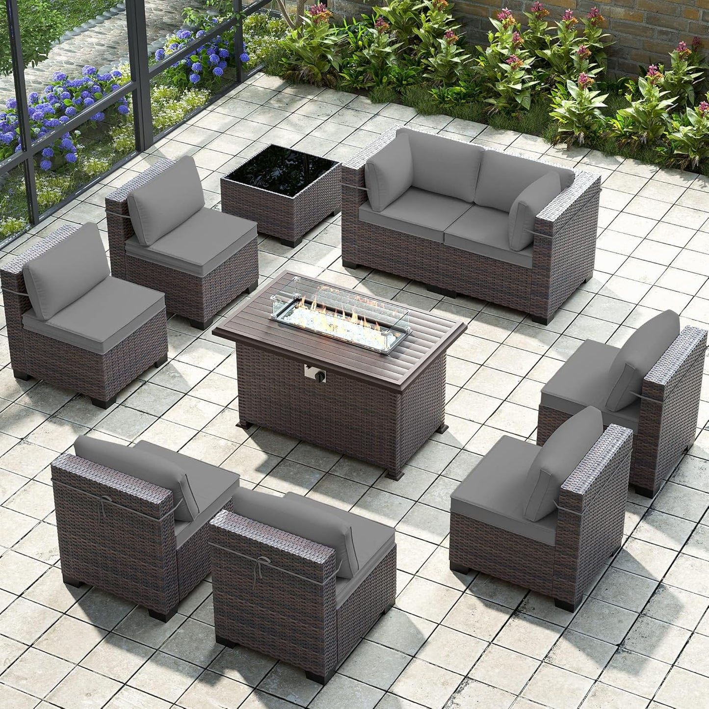 Gotland 7 Pieces Patio Furniture Set with 1 Coffee Table, 6 Seater Wicker Rattan Patio Set with 29.5'' High Backrest Thick Cushions Adjustable Foot Pads, for Porch Deck Garden Green Blue