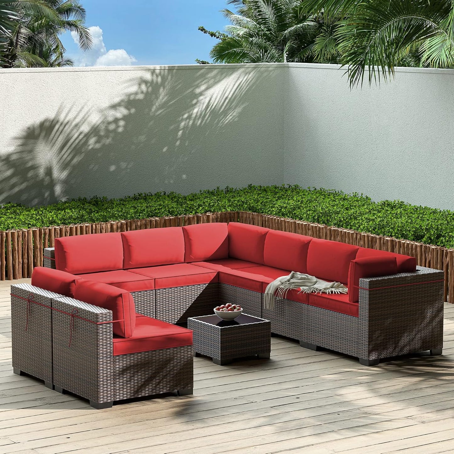 Gotland 7 Pieces Patio Furniture Set with 1 Coffee Table, 6 Seater Wicker Rattan Patio Set with 29.5'' High Backrest Thick Cushions Adjustable Foot Pads, for Porch Deck Garden Green Blue