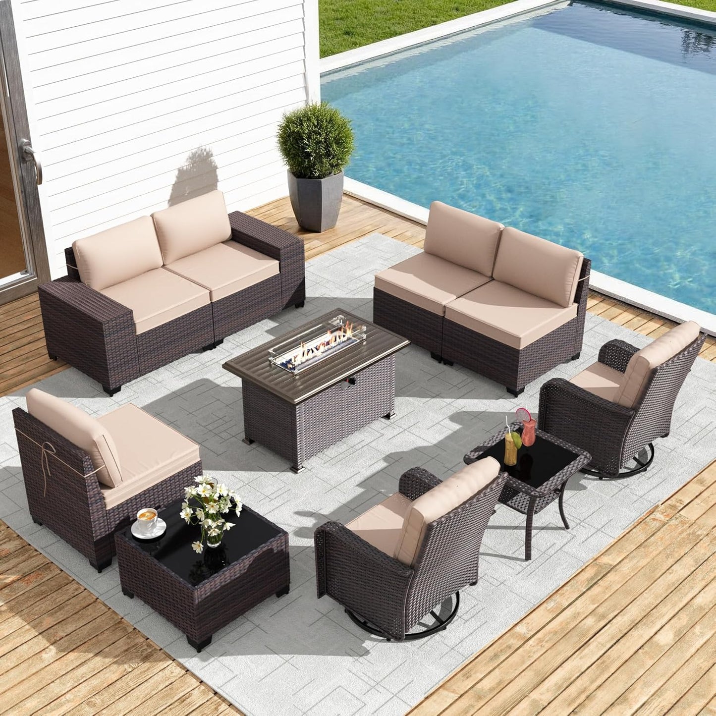 Gotland 7 Pieces Patio Furniture Set with 1 Coffee Table, 6 Seater Wicker Rattan Patio Set with 29.5'' High Backrest Thick Cushions Adjustable Foot Pads, for Porch Deck Garden Green Blue