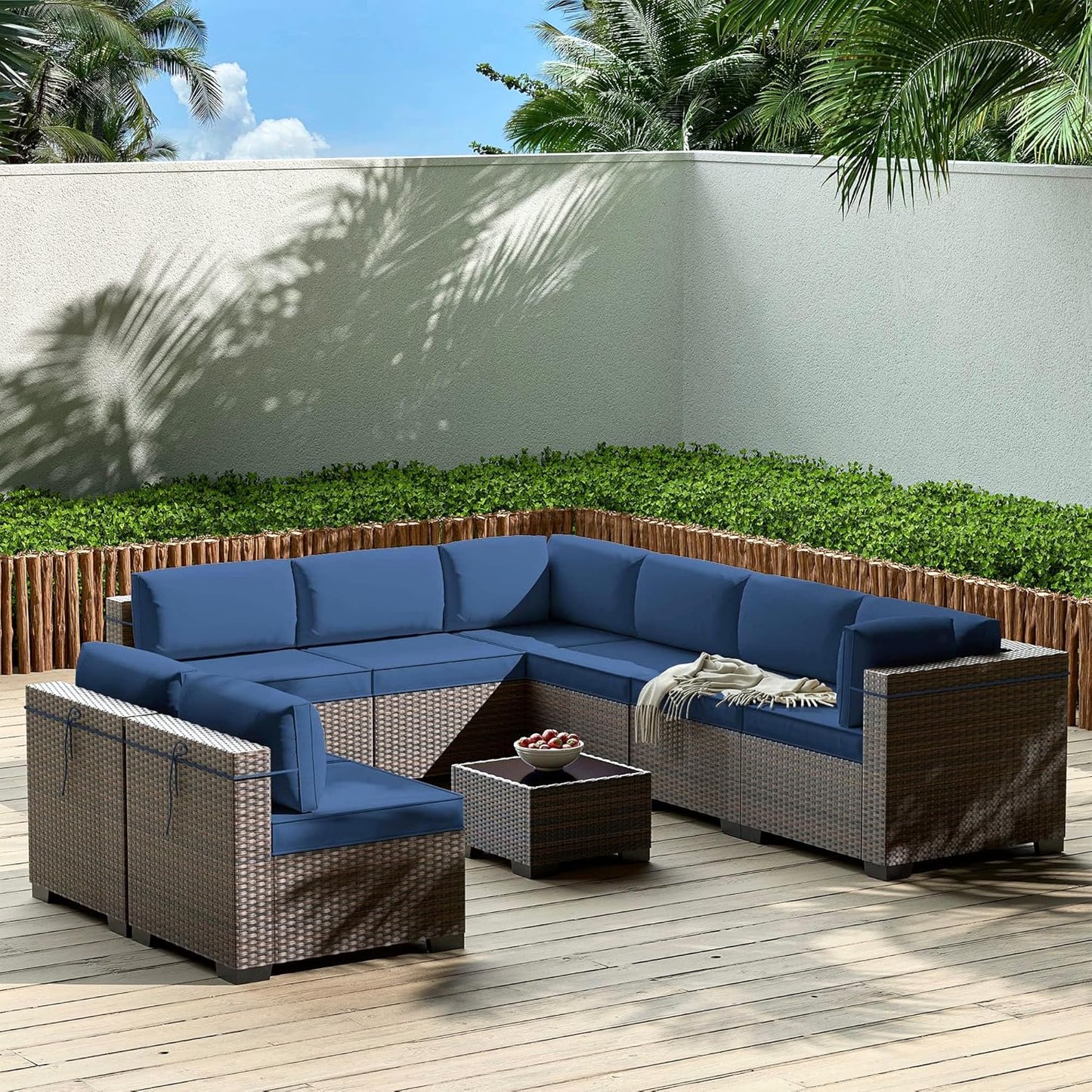 Gotland 7 Pieces Patio Furniture Set with 1 Coffee Table, 6 Seater Wicker Rattan Patio Set with 29.5'' High Backrest Thick Cushions Adjustable Foot Pads, for Porch Deck Garden Green Blue