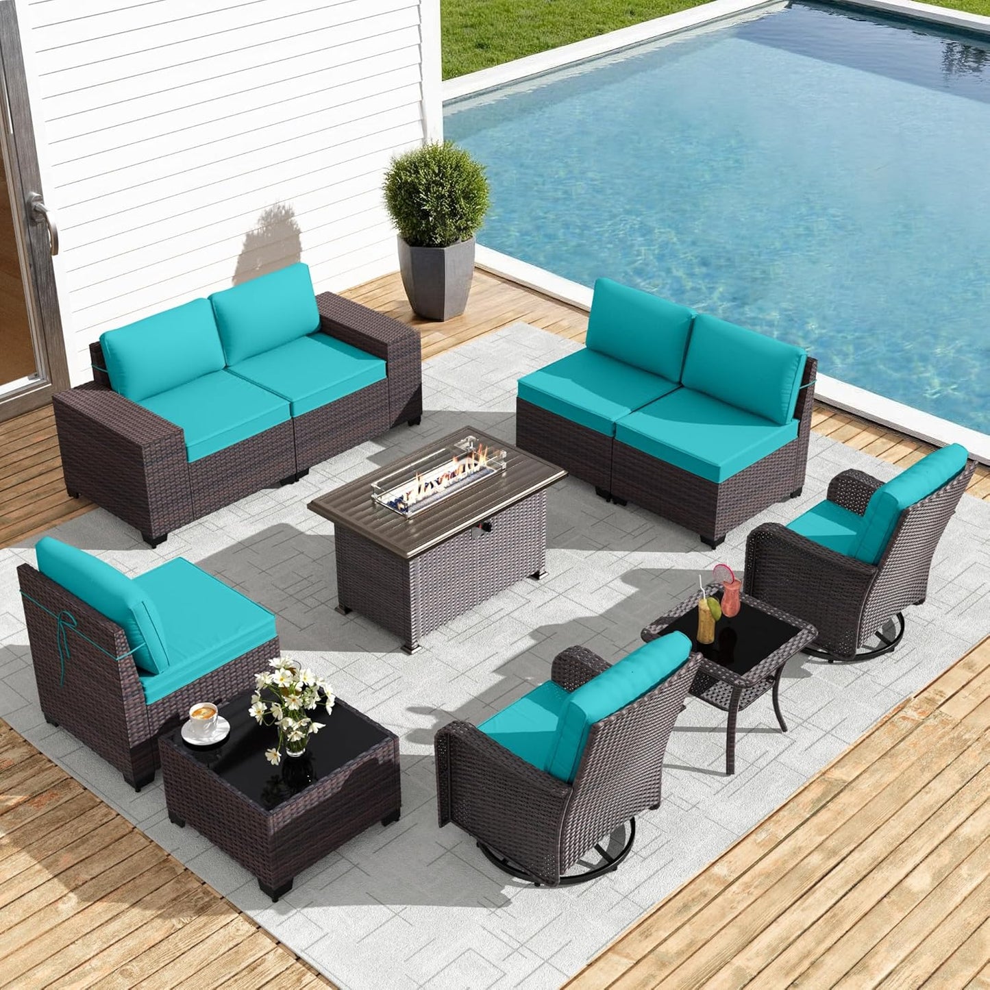 Gotland 7 Pieces Patio Furniture Set with 1 Coffee Table, 6 Seater Wicker Rattan Patio Set with 29.5'' High Backrest Thick Cushions Adjustable Foot Pads, for Porch Deck Garden Green Blue