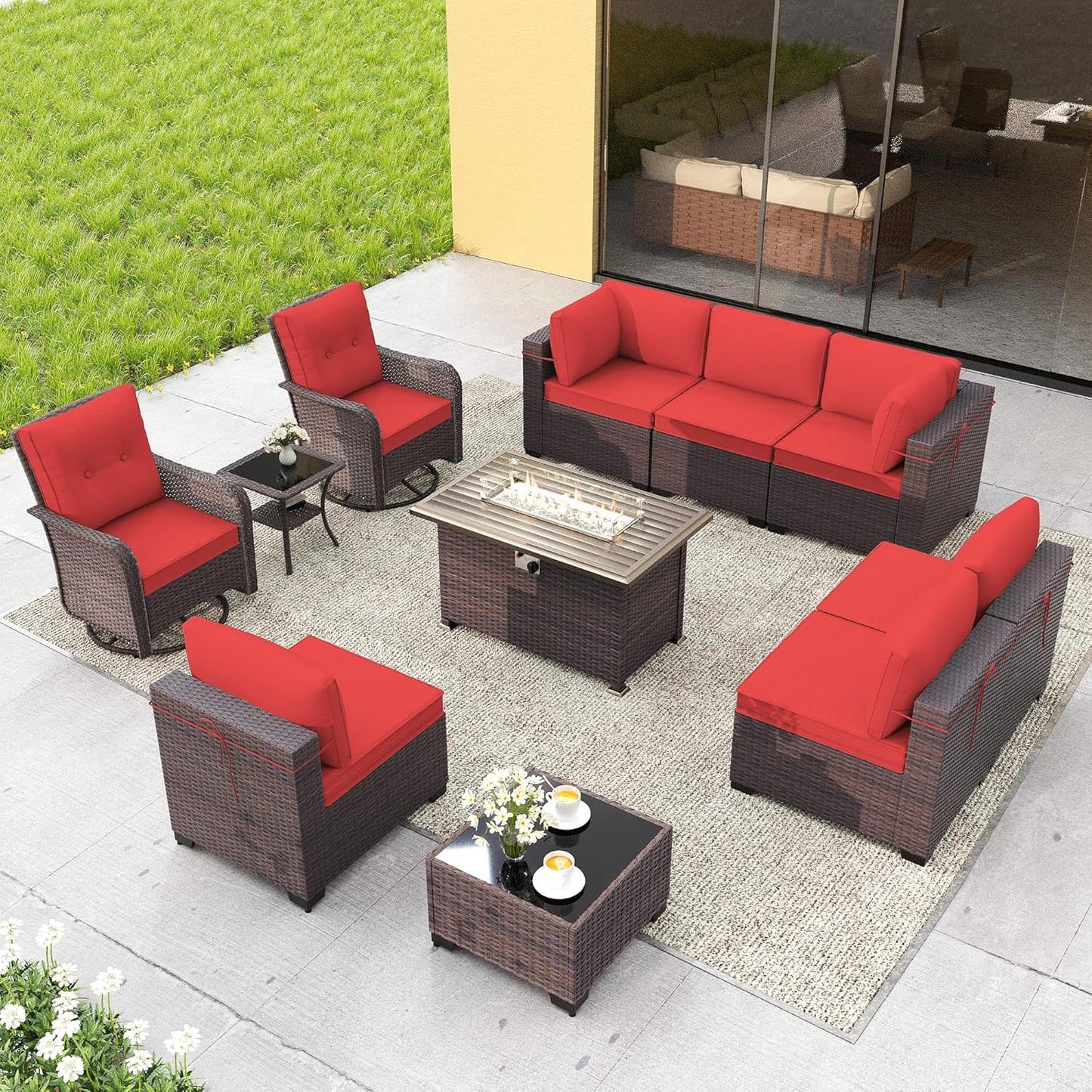 Gotland 7 Pieces Patio Furniture Set with 1 Coffee Table, 6 Seater Wicker Rattan Patio Set with 29.5'' High Backrest Thick Cushions Adjustable Foot Pads, for Porch Deck Garden Green Blue