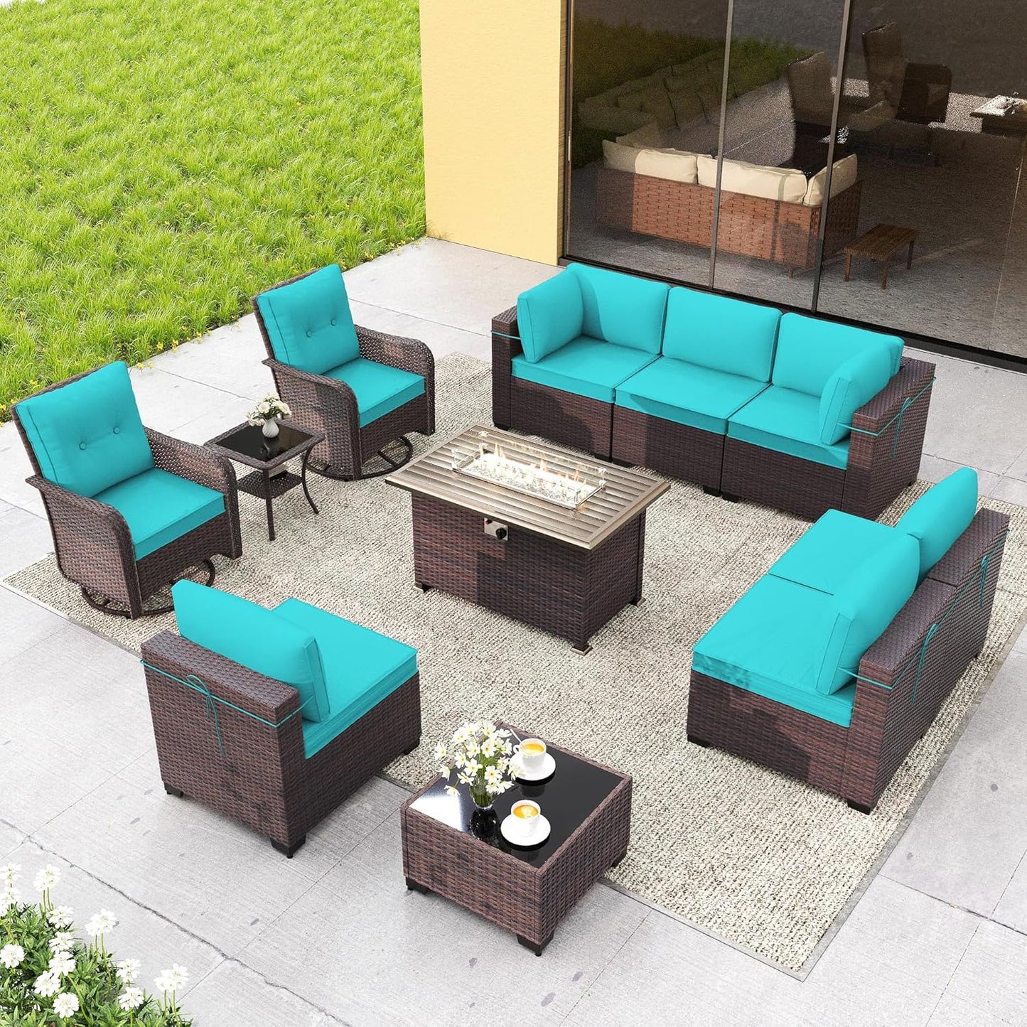 Gotland 7 Pieces Patio Furniture Set with 1 Coffee Table, 6 Seater Wicker Rattan Patio Set with 29.5'' High Backrest Thick Cushions Adjustable Foot Pads, for Porch Deck Garden Green Blue