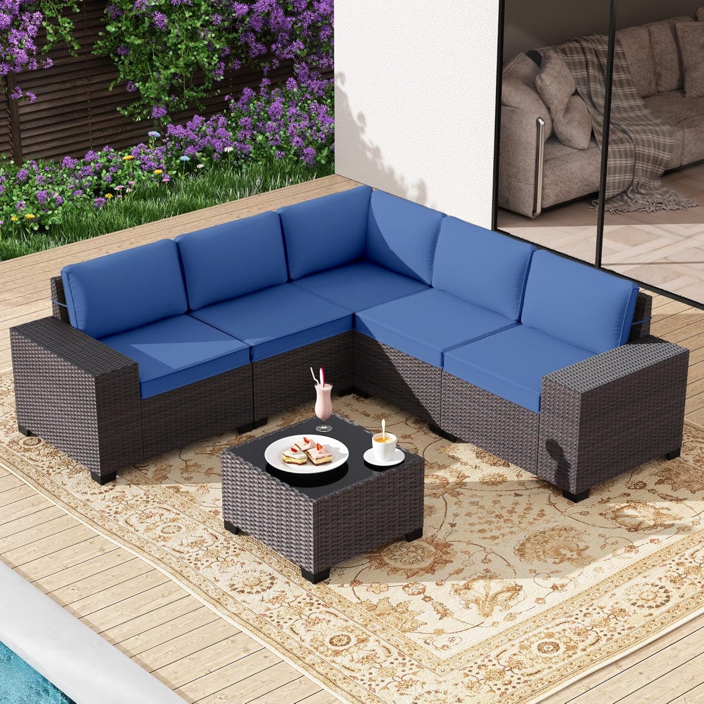Gotland 7 Pieces Patio Furniture Set with 1 Coffee Table, 6 Seater Wicker Rattan Patio Set with 29.5'' High Backrest Thick Cushions Adjustable Foot Pads, for Porch Deck Garden Green Blue