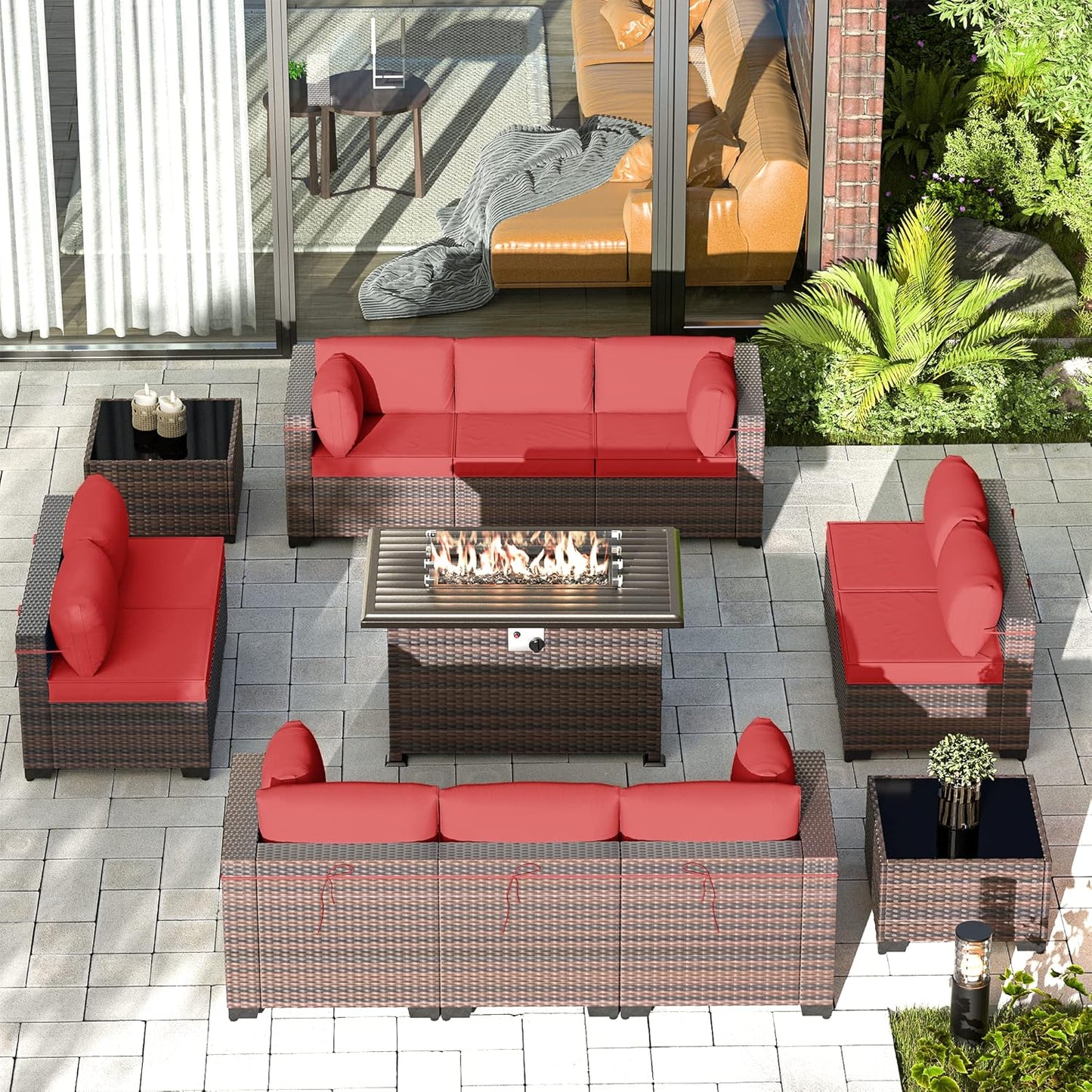 Gotland 7 Pieces Patio Furniture Set with 1 Coffee Table, 6 Seater Wicker Rattan Patio Set with 29.5'' High Backrest Thick Cushions Adjustable Foot Pads, for Porch Deck Garden Green Blue