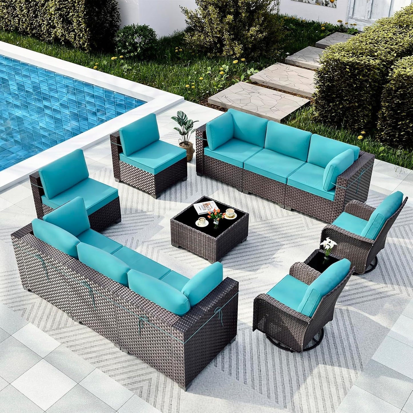 Gotland 7 Pieces Patio Furniture Set with 1 Coffee Table, 6 Seater Wicker Rattan Patio Set with 29.5'' High Backrest Thick Cushions Adjustable Foot Pads, for Porch Deck Garden Green Blue