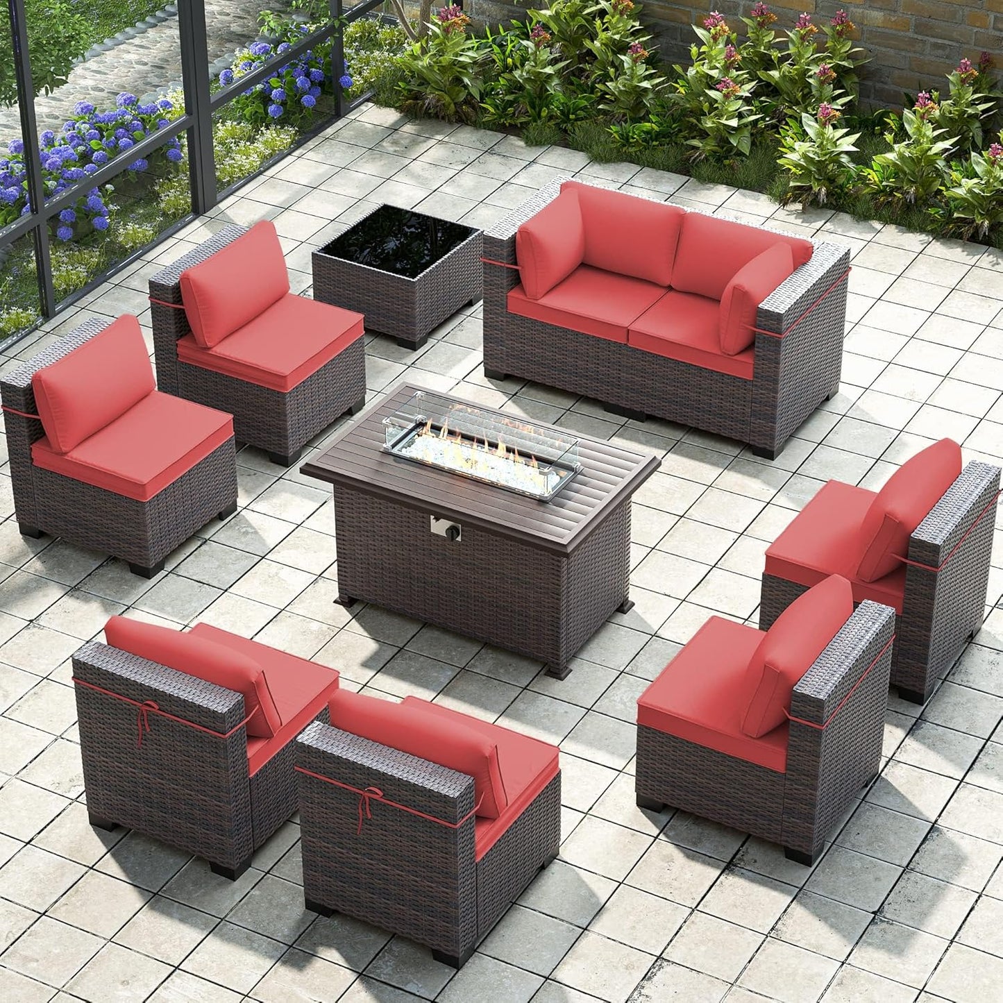 Gotland 7 Pieces Patio Furniture Set with 1 Coffee Table, 6 Seater Wicker Rattan Patio Set with 29.5'' High Backrest Thick Cushions Adjustable Foot Pads, for Porch Deck Garden Green Blue