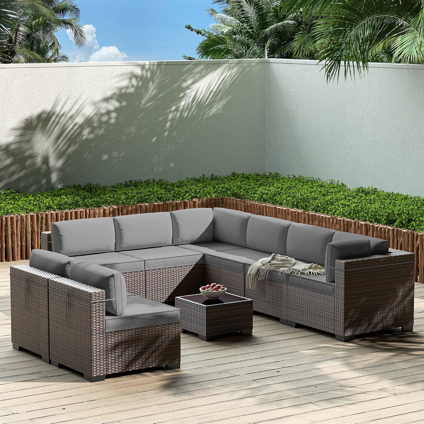 Gotland 7 Pieces Patio Furniture Set with 1 Coffee Table, 6 Seater Wicker Rattan Patio Set with 29.5'' High Backrest Thick Cushions Adjustable Foot Pads, for Porch Deck Garden Green Blue