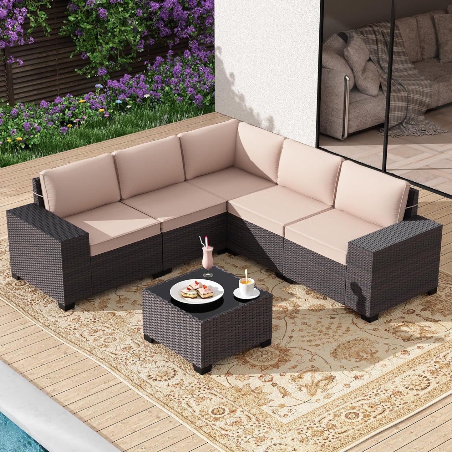Gotland 7 Pieces Patio Furniture Set with 1 Coffee Table, 6 Seater Wicker Rattan Patio Set with 29.5'' High Backrest Thick Cushions Adjustable Foot Pads, for Porch Deck Garden Green Blue