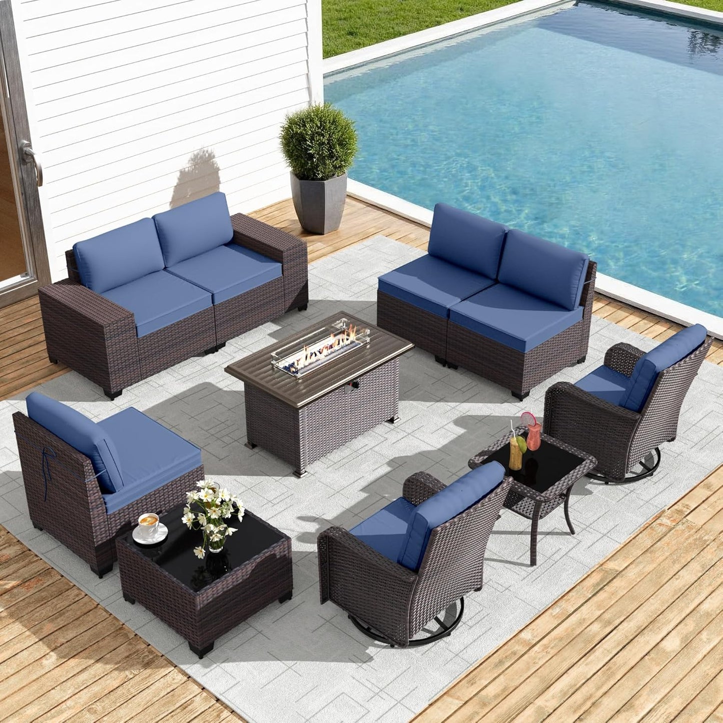 Gotland 7 Pieces Patio Furniture Set with 1 Coffee Table, 6 Seater Wicker Rattan Patio Set with 29.5'' High Backrest Thick Cushions Adjustable Foot Pads, for Porch Deck Garden Green Blue