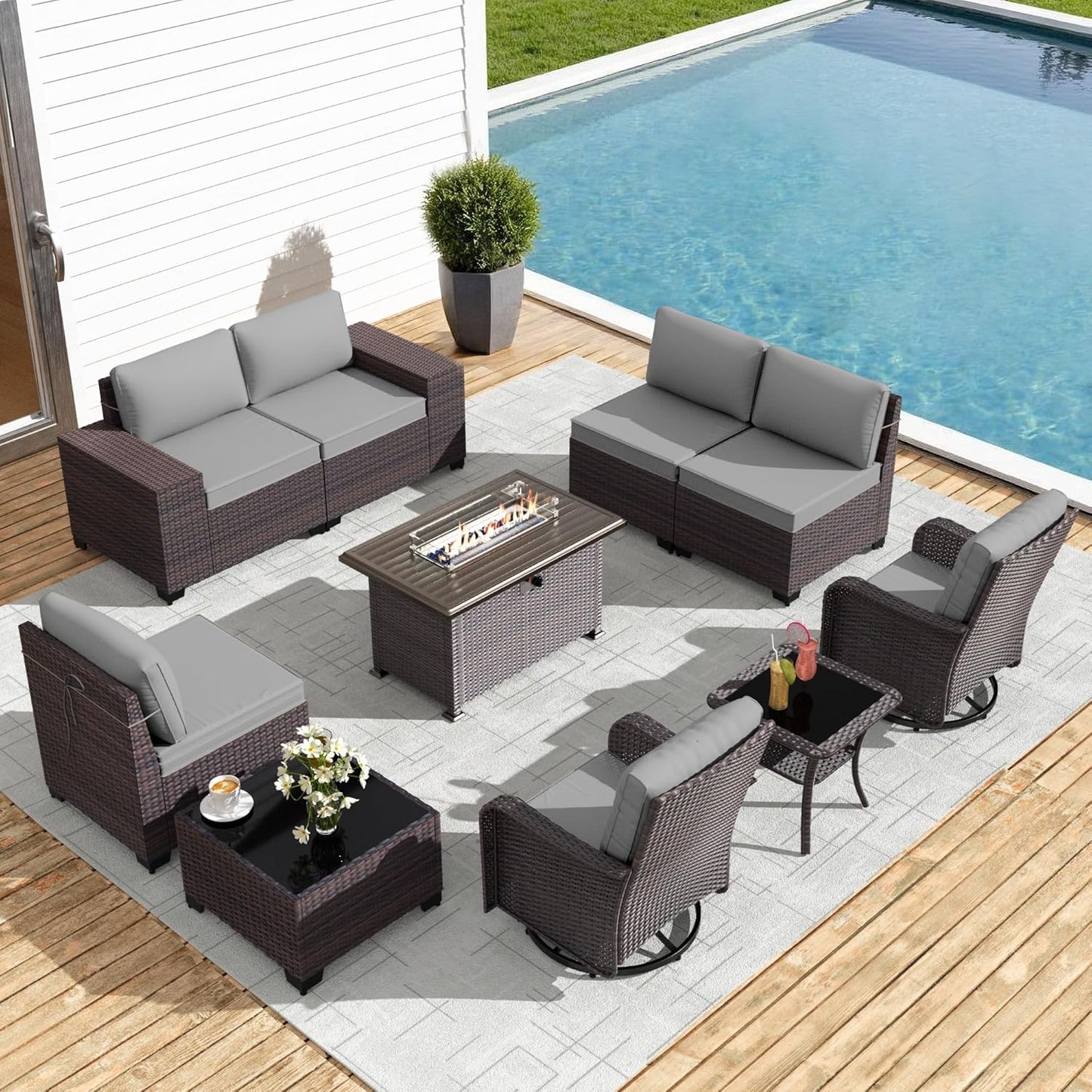 Gotland 7 Pieces Patio Furniture Set with 1 Coffee Table, 6 Seater Wicker Rattan Patio Set with 29.5'' High Backrest Thick Cushions Adjustable Foot Pads, for Porch Deck Garden Green Blue