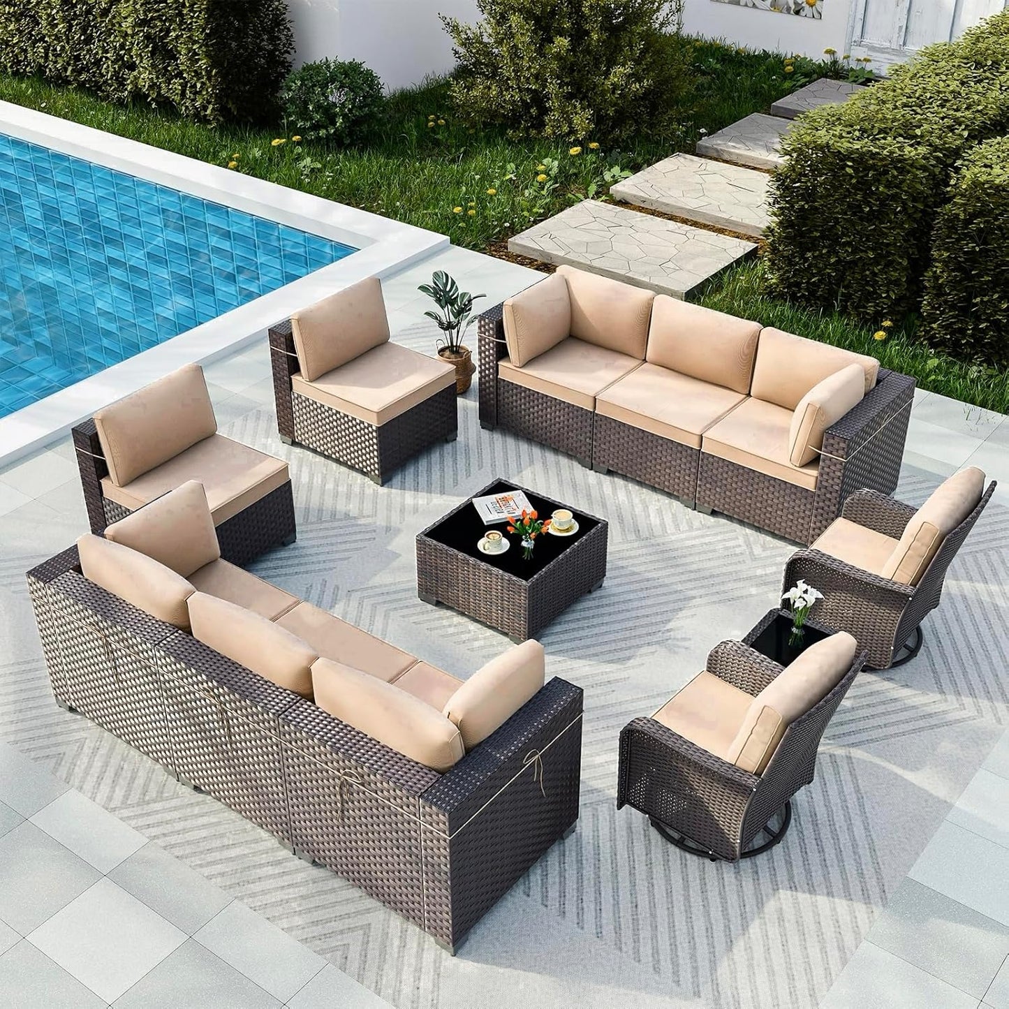 Gotland 7 Pieces Patio Furniture Set with 1 Coffee Table, 6 Seater Wicker Rattan Patio Set with 29.5'' High Backrest Thick Cushions Adjustable Foot Pads, for Porch Deck Garden Green Blue