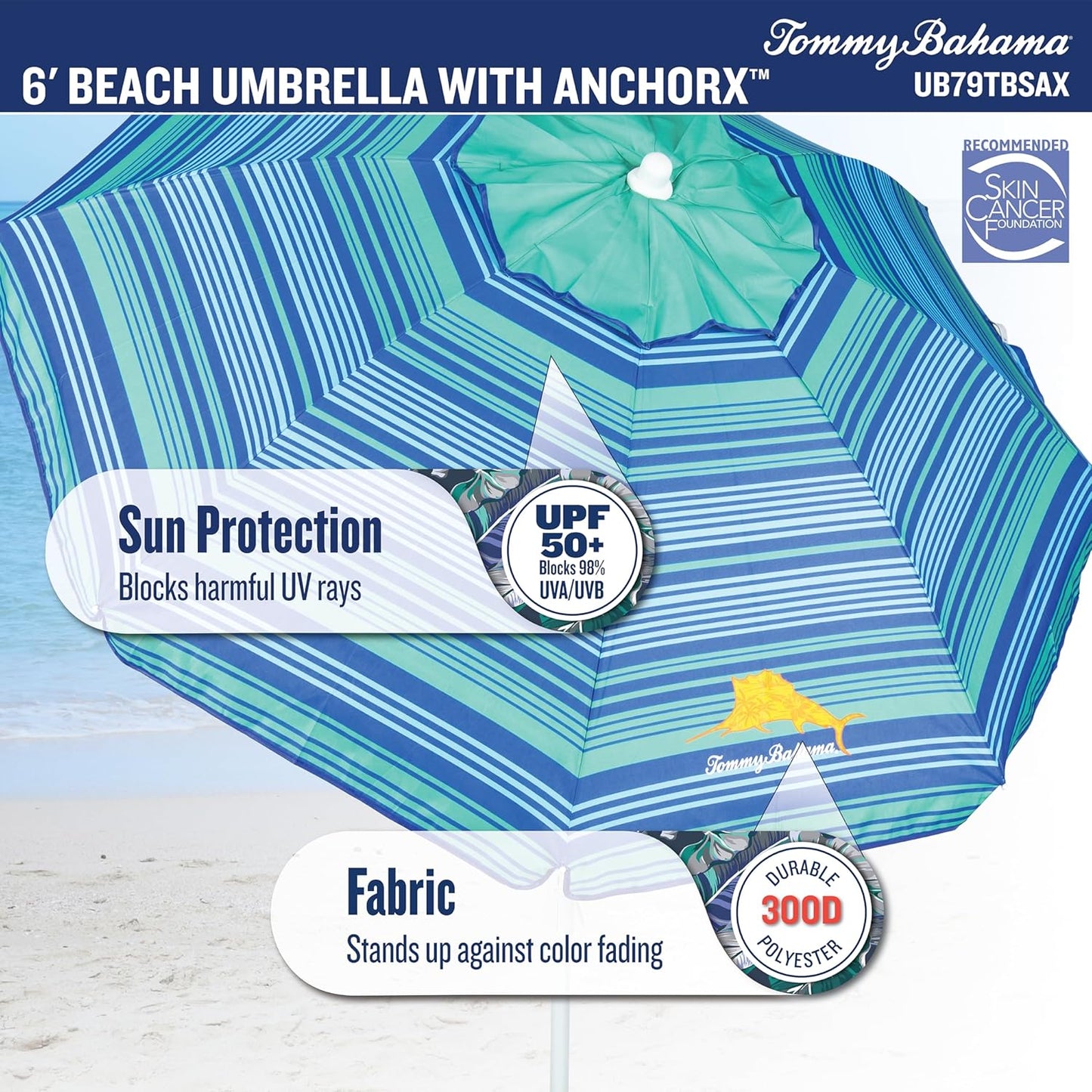 Tommy Bahama ANCHORX Adjustable Beach Umbrella Base System with Sand Anchor and Carrying Bag, SPF 50+ Protection Portable Outdoor Market Umbrella