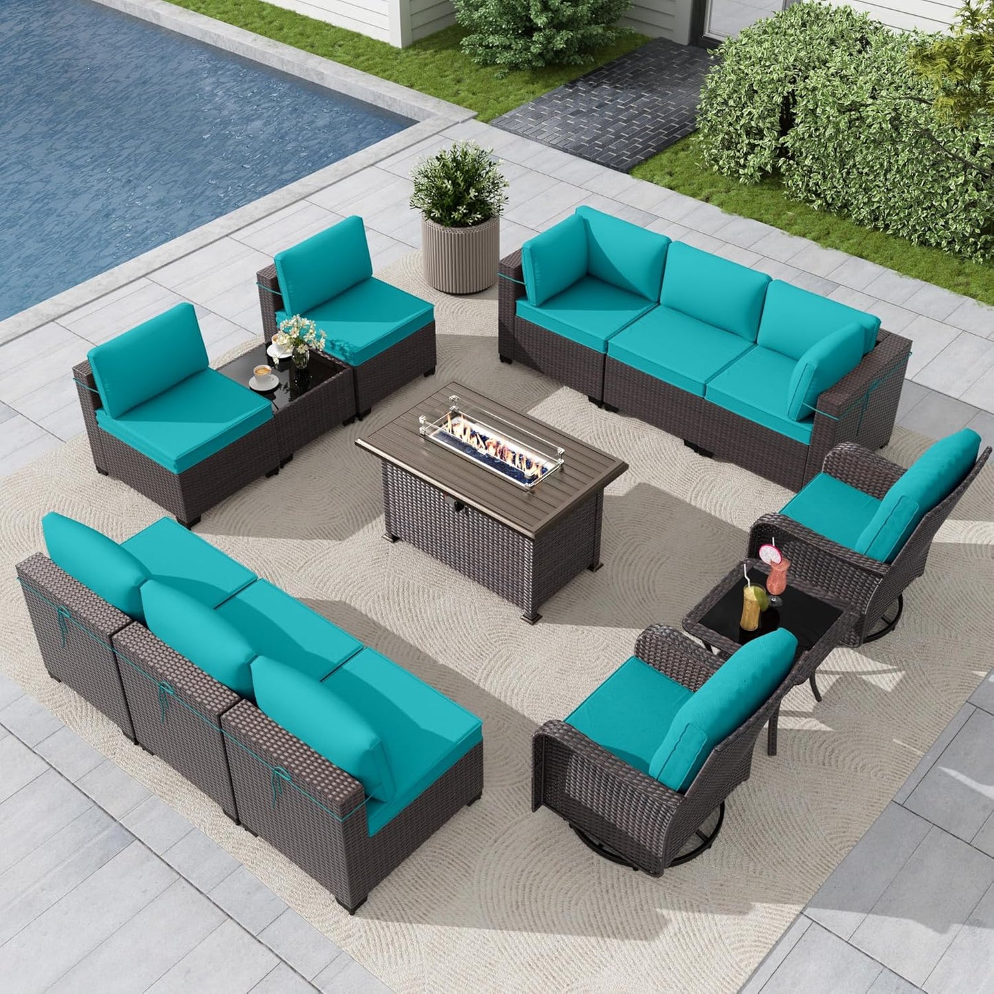 Gotland 7 Pieces Patio Furniture Set with 1 Coffee Table, 6 Seater Wicker Rattan Patio Set with 29.5'' High Backrest Thick Cushions Adjustable Foot Pads, for Porch Deck Garden Green Blue