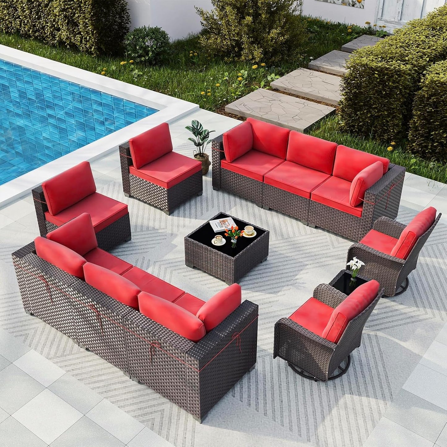 Gotland 7 Pieces Patio Furniture Set with 1 Coffee Table, 6 Seater Wicker Rattan Patio Set with 29.5'' High Backrest Thick Cushions Adjustable Foot Pads, for Porch Deck Garden Green Blue