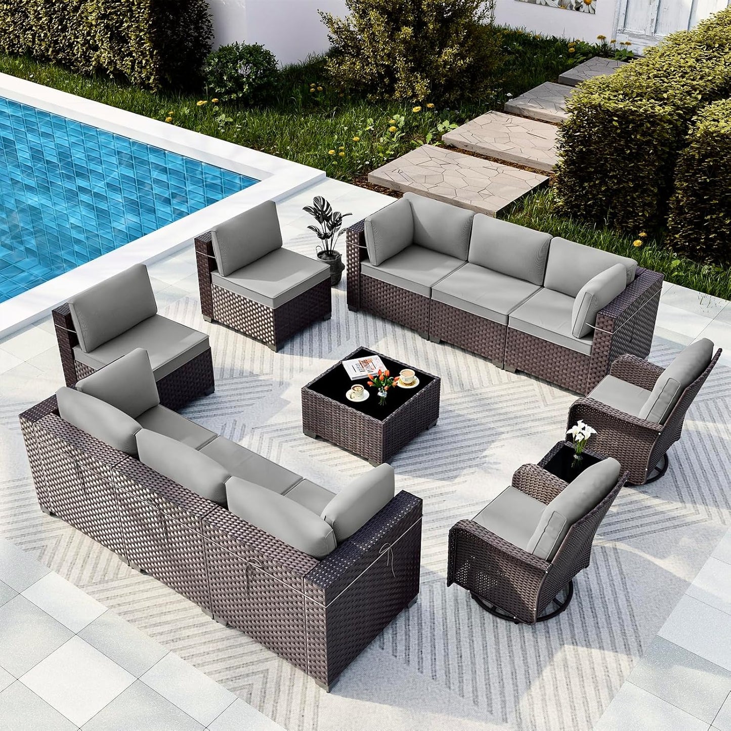 Gotland 7 Pieces Patio Furniture Set with 1 Coffee Table, 6 Seater Wicker Rattan Patio Set with 29.5'' High Backrest Thick Cushions Adjustable Foot Pads, for Porch Deck Garden Green Blue