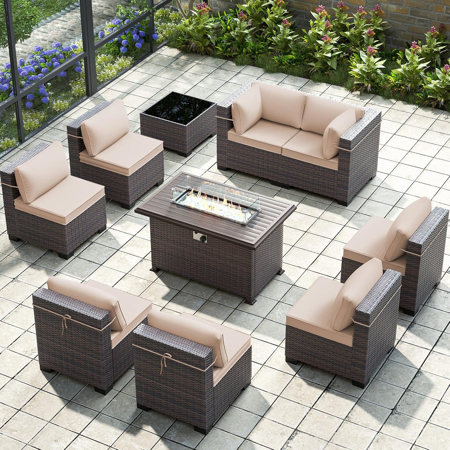 Gotland 7 Pieces Patio Furniture Set with 1 Coffee Table, 6 Seater Wicker Rattan Patio Set with 29.5'' High Backrest Thick Cushions Adjustable Foot Pads, for Porch Deck Garden Green Blue