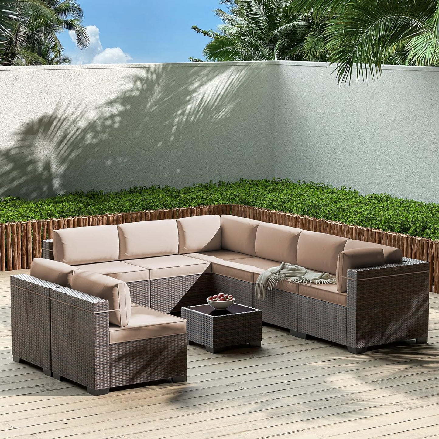 Gotland 7 Pieces Patio Furniture Set with 1 Coffee Table, 6 Seater Wicker Rattan Patio Set with 29.5'' High Backrest Thick Cushions Adjustable Foot Pads, for Porch Deck Garden Green Blue