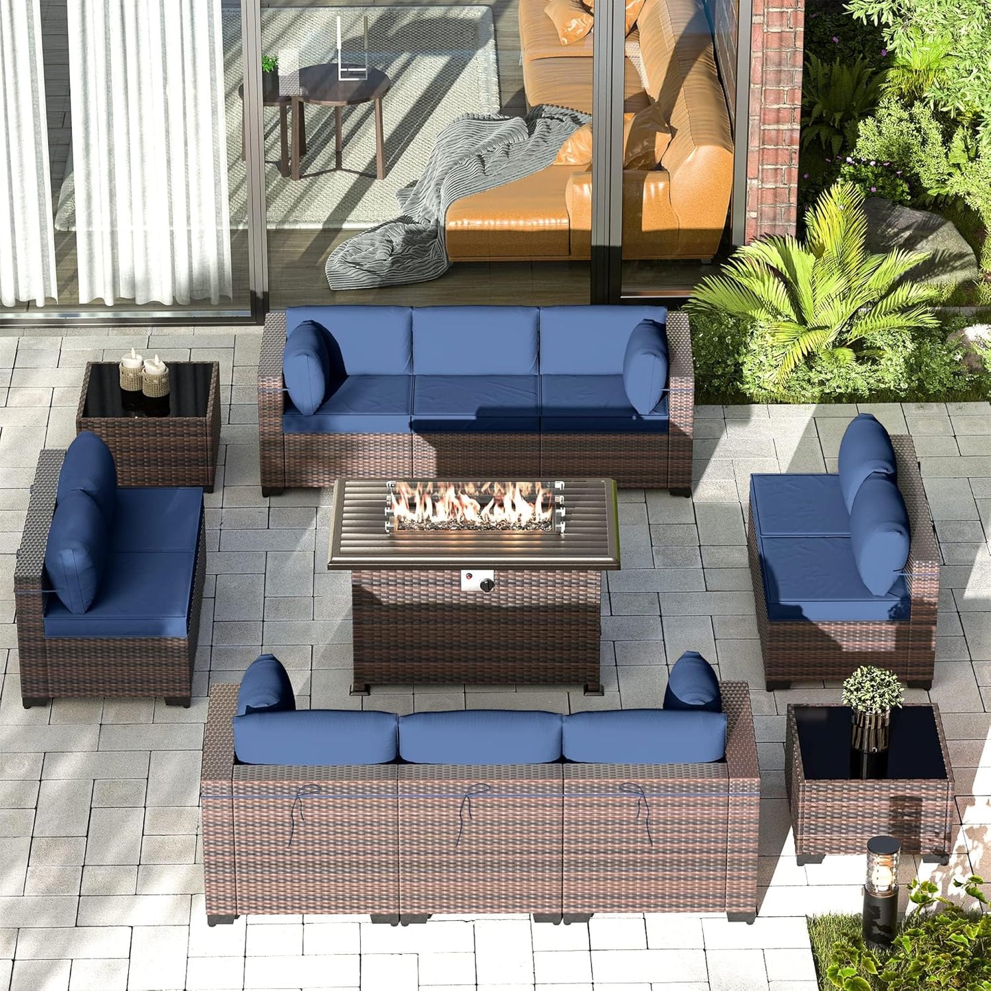 Gotland 7 Pieces Patio Furniture Set with 1 Coffee Table, 6 Seater Wicker Rattan Patio Set with 29.5'' High Backrest Thick Cushions Adjustable Foot Pads, for Porch Deck Garden Green Blue