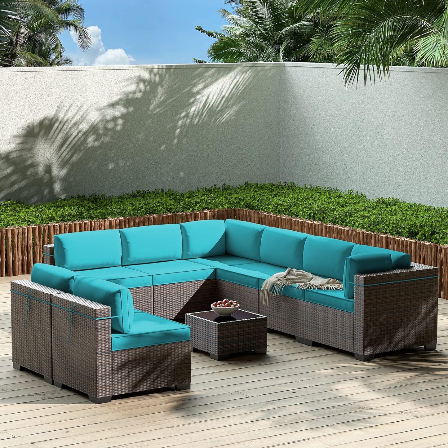 Gotland 7 Pieces Patio Furniture Set with 1 Coffee Table, 6 Seater Wicker Rattan Patio Set with 29.5'' High Backrest Thick Cushions Adjustable Foot Pads, for Porch Deck Garden Green Blue