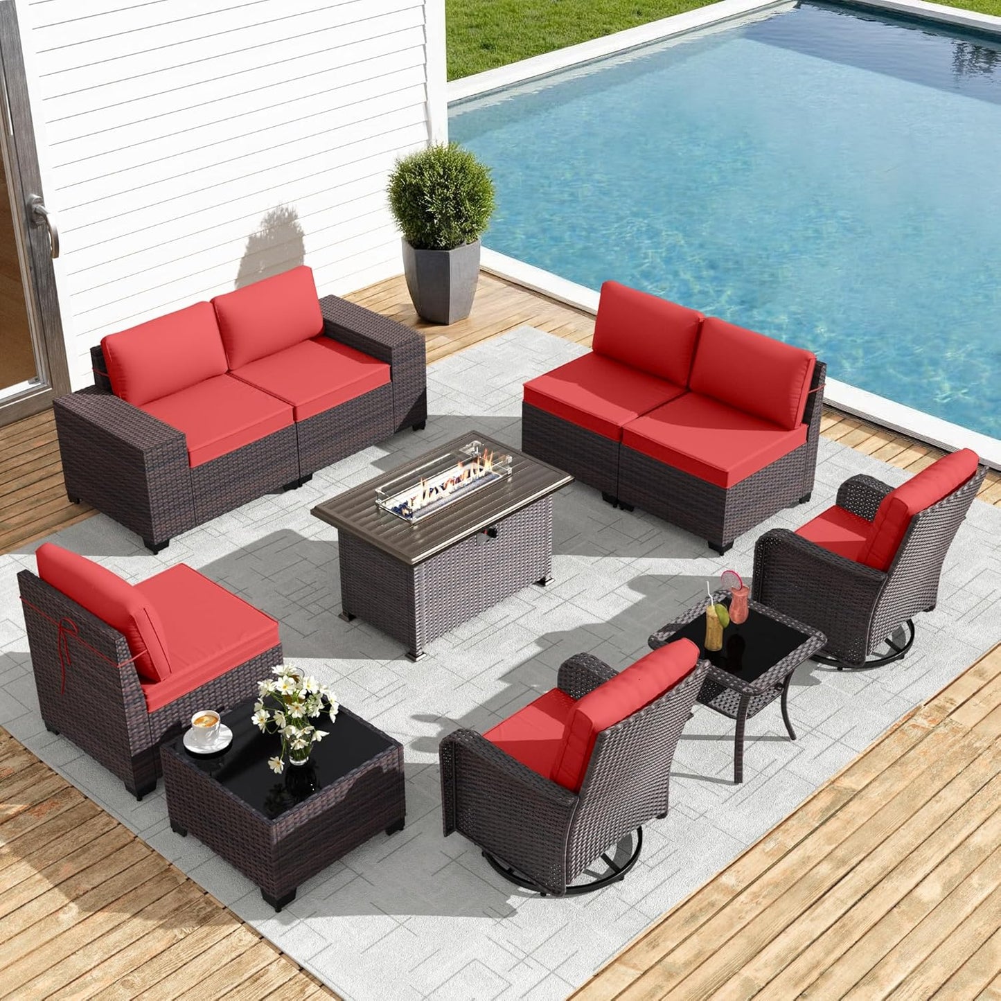 Gotland 7 Pieces Patio Furniture Set with 1 Coffee Table, 6 Seater Wicker Rattan Patio Set with 29.5'' High Backrest Thick Cushions Adjustable Foot Pads, for Porch Deck Garden Green Blue