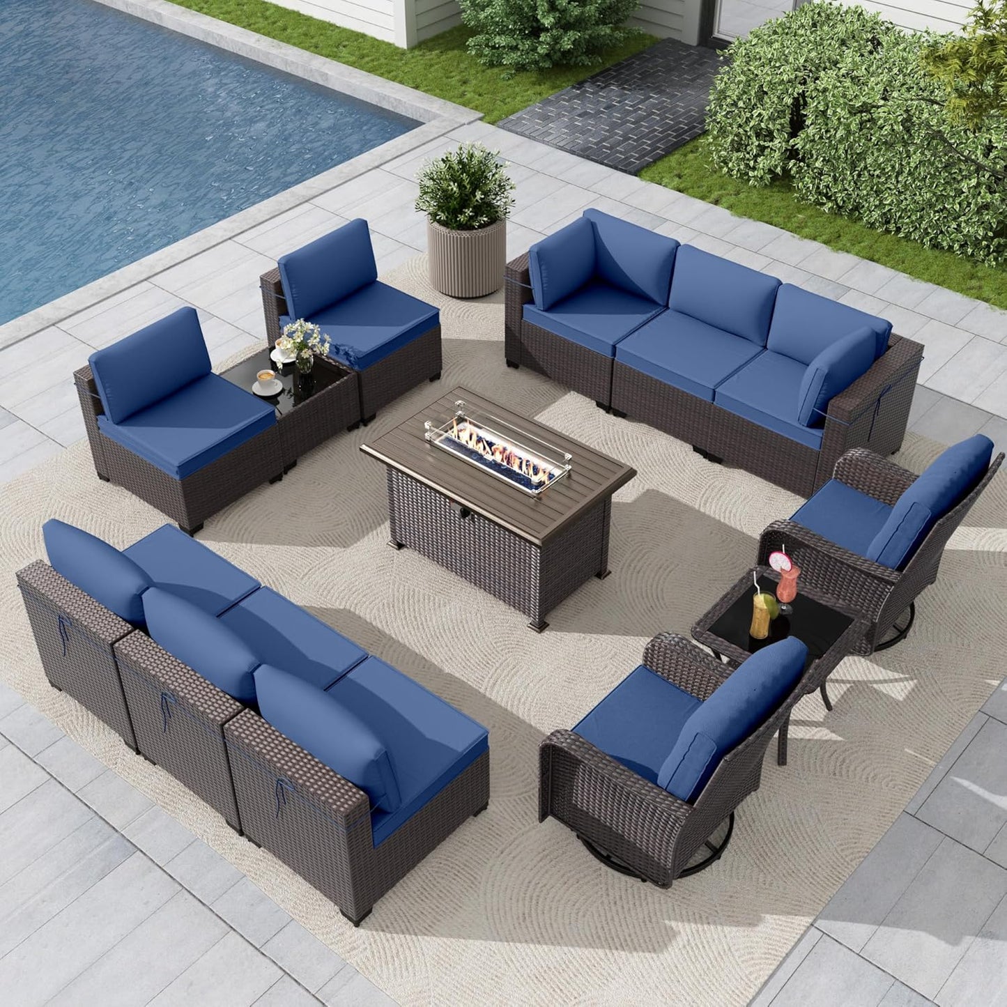 Gotland 7 Pieces Patio Furniture Set with 1 Coffee Table, 6 Seater Wicker Rattan Patio Set with 29.5'' High Backrest Thick Cushions Adjustable Foot Pads, for Porch Deck Garden Green Blue
