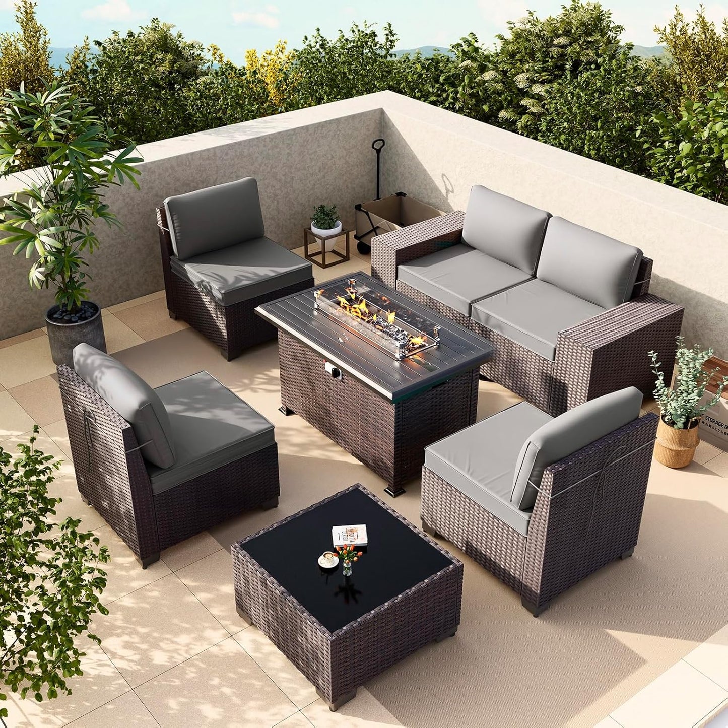 Gotland 7 Pieces Patio Furniture Set with 1 Coffee Table, 6 Seater Wicker Rattan Patio Set with 29.5'' High Backrest Thick Cushions Adjustable Foot Pads, for Porch Deck Garden Green Blue