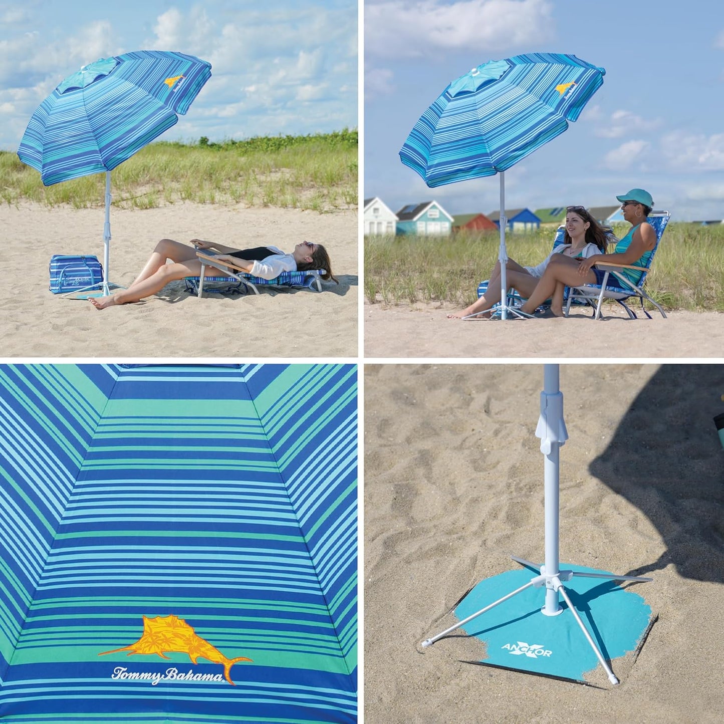Tommy Bahama ANCHORX Adjustable Beach Umbrella Base System with Sand Anchor and Carrying Bag, SPF 50+ Protection Portable Outdoor Market Umbrella
