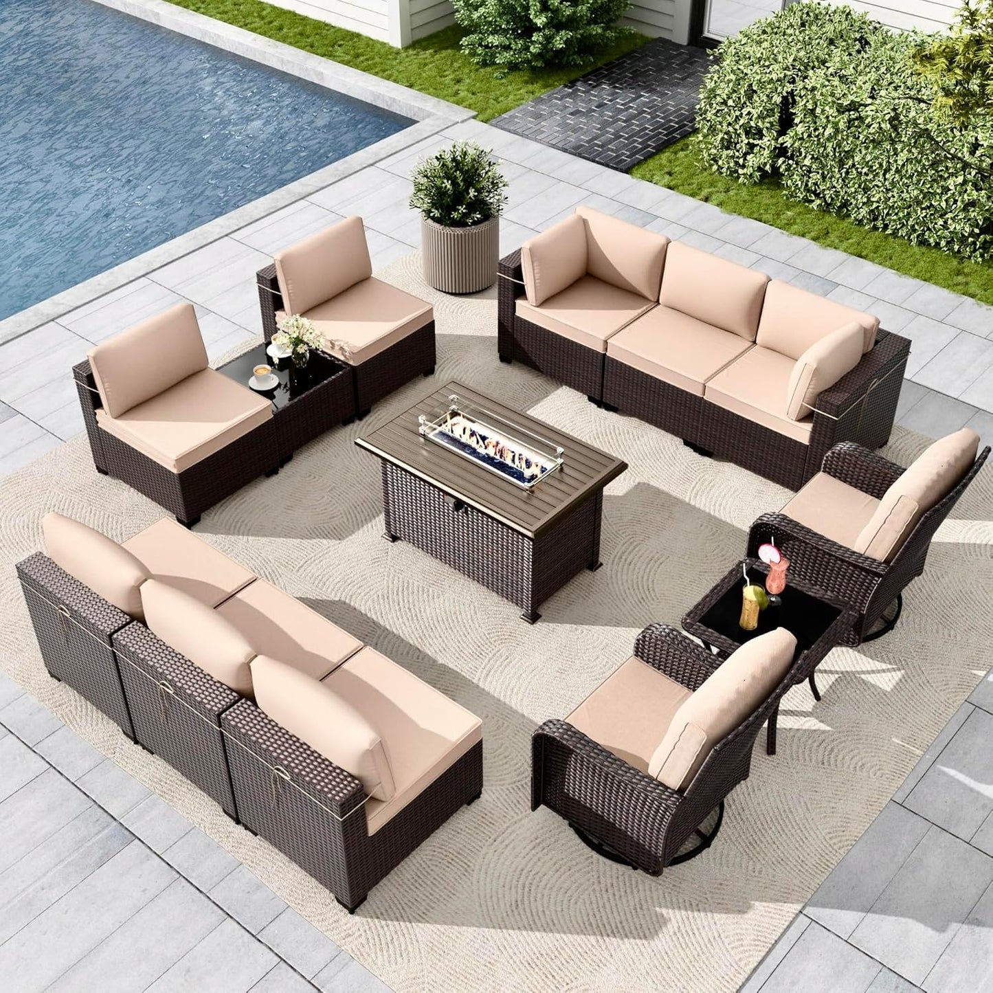 Gotland 7 Pieces Patio Furniture Set with 1 Coffee Table, 6 Seater Wicker Rattan Patio Set with 29.5'' High Backrest Thick Cushions Adjustable Foot Pads, for Porch Deck Garden Green Blue