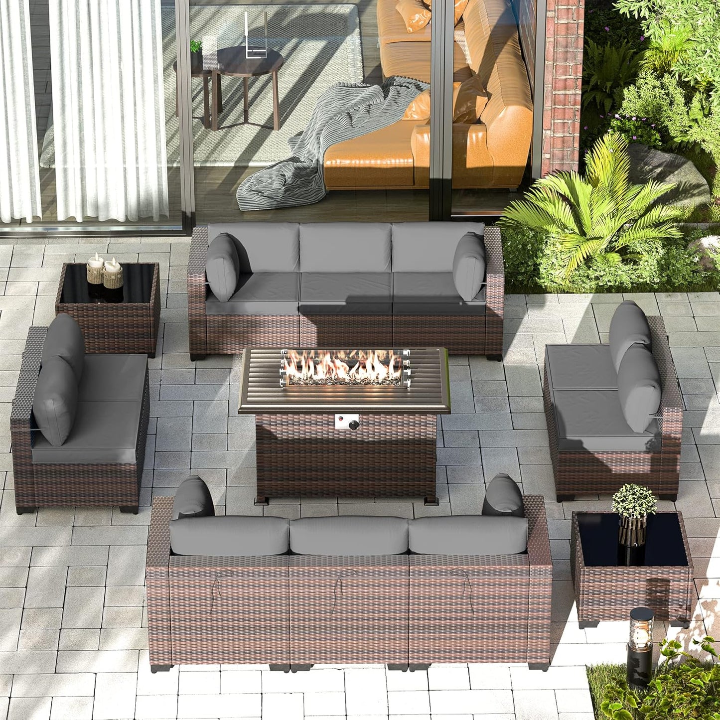 Gotland 7 Pieces Patio Furniture Set with 1 Coffee Table, 6 Seater Wicker Rattan Patio Set with 29.5'' High Backrest Thick Cushions Adjustable Foot Pads, for Porch Deck Garden Green Blue