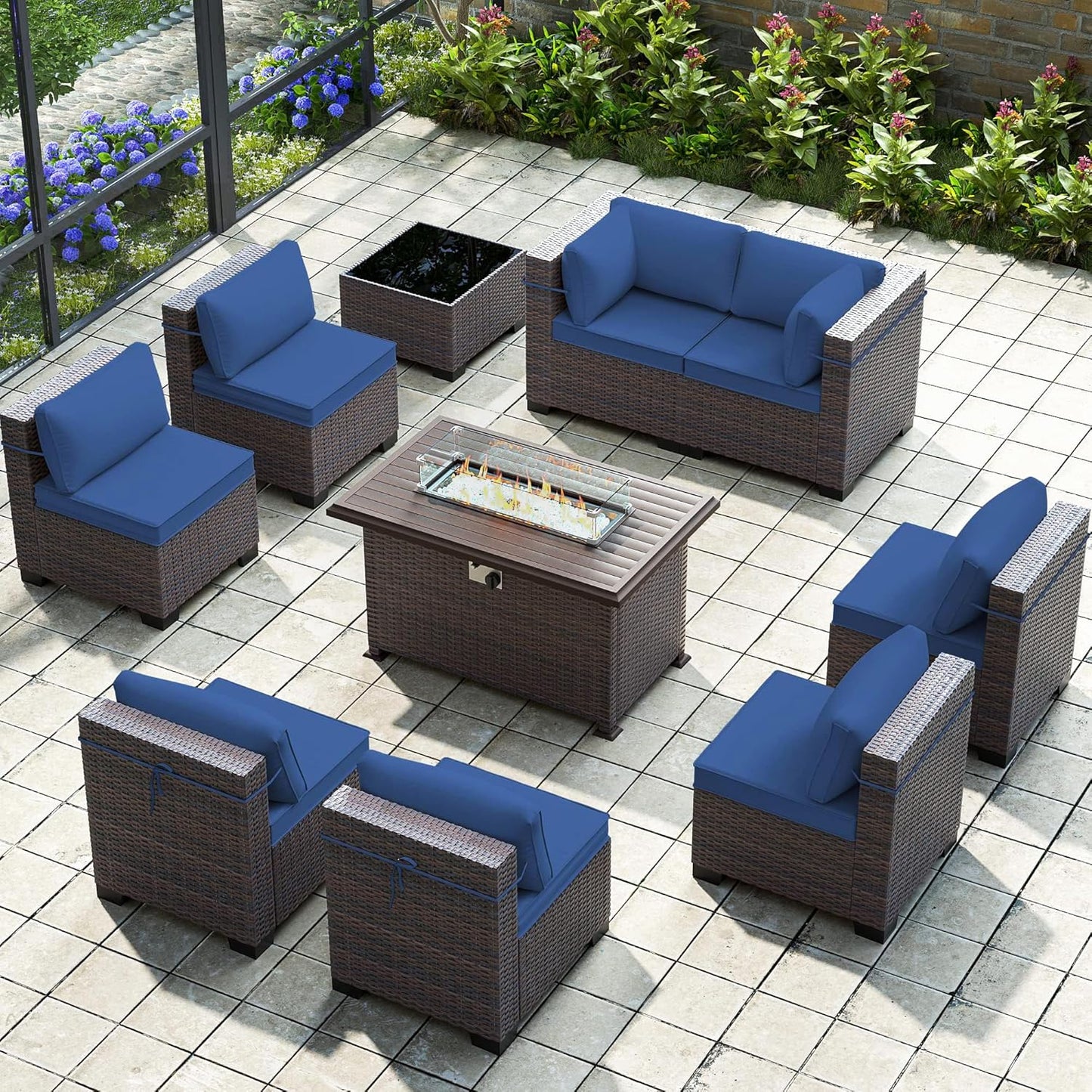Gotland 7 Pieces Patio Furniture Set with 1 Coffee Table, 6 Seater Wicker Rattan Patio Set with 29.5'' High Backrest Thick Cushions Adjustable Foot Pads, for Porch Deck Garden Green Blue