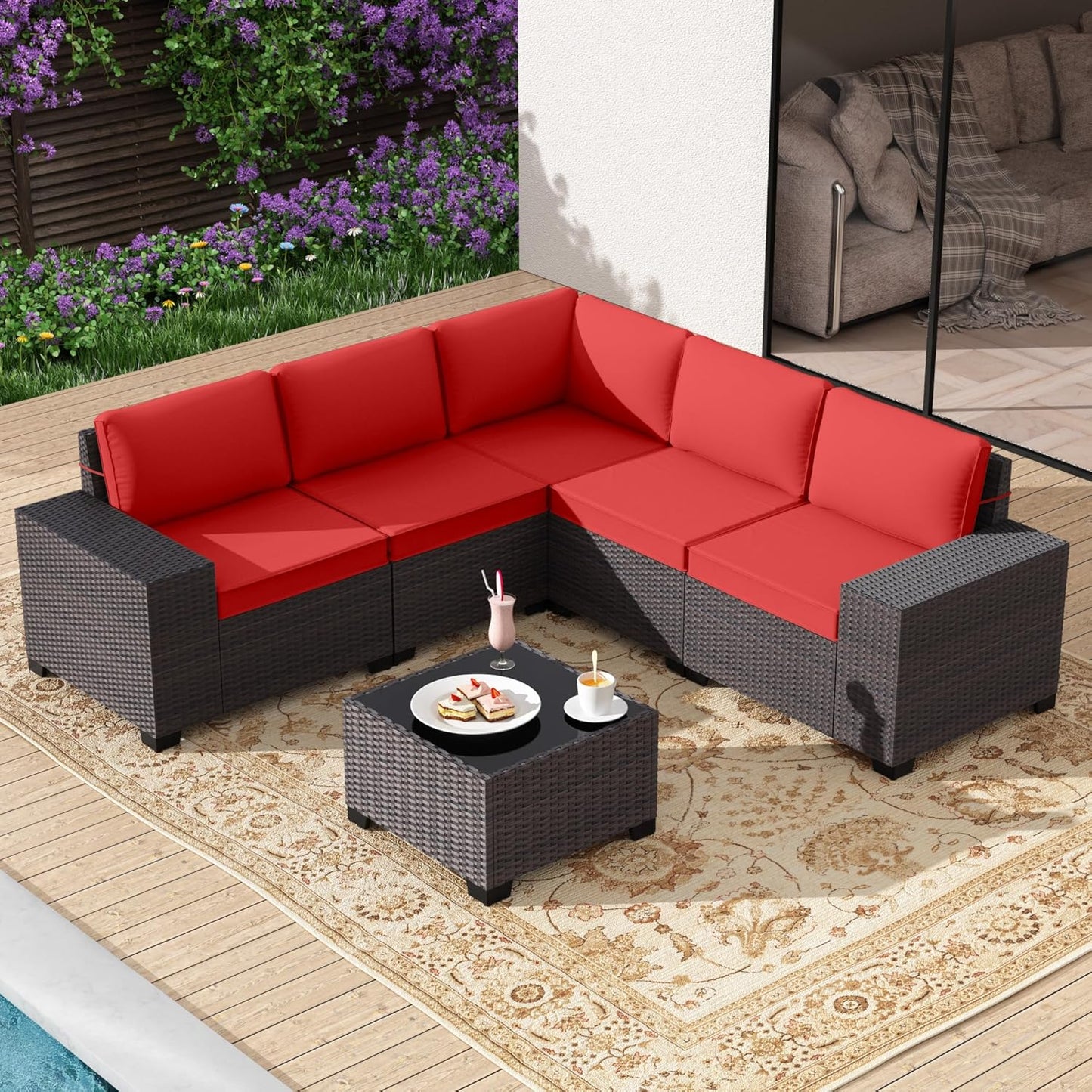 Gotland 7 Pieces Patio Furniture Set with 1 Coffee Table, 6 Seater Wicker Rattan Patio Set with 29.5'' High Backrest Thick Cushions Adjustable Foot Pads, for Porch Deck Garden Green Blue