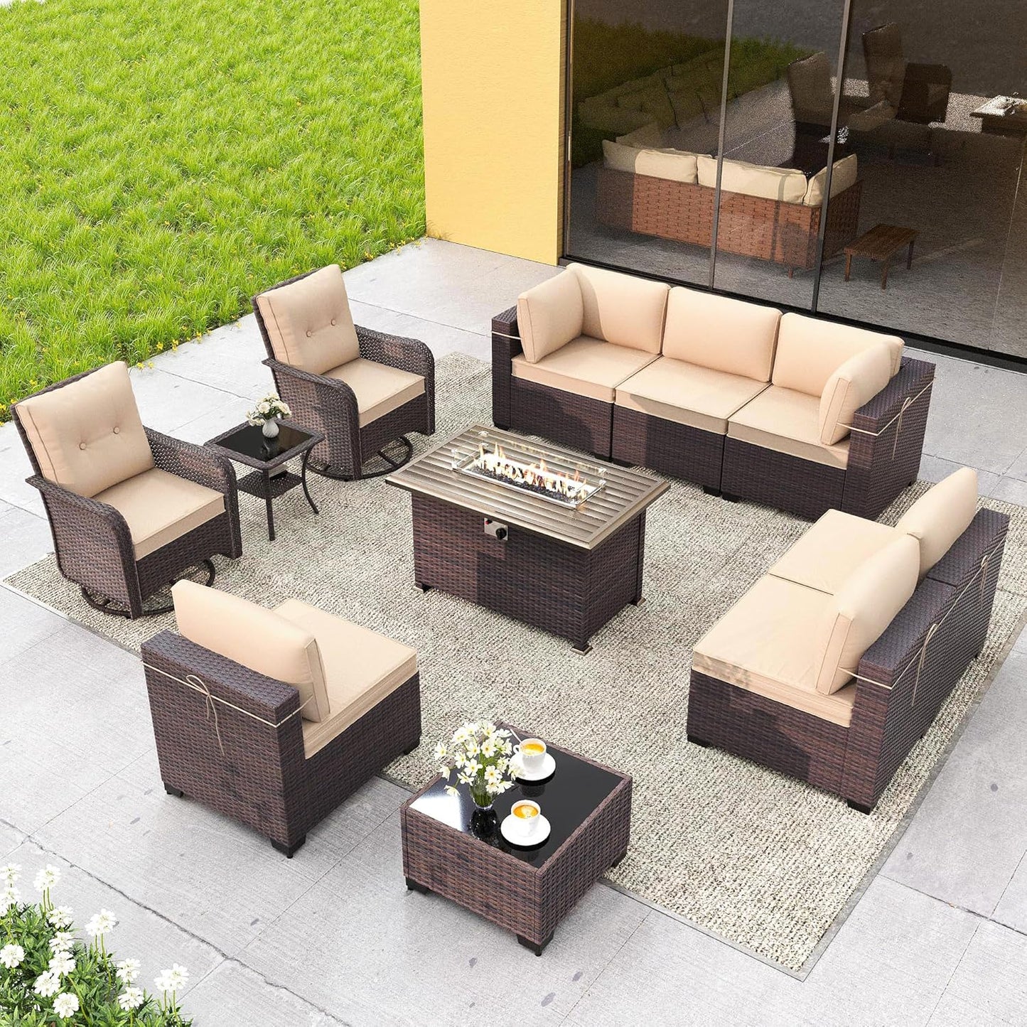 Gotland 7 Pieces Patio Furniture Set with 1 Coffee Table, 6 Seater Wicker Rattan Patio Set with 29.5'' High Backrest Thick Cushions Adjustable Foot Pads, for Porch Deck Garden Green Blue
