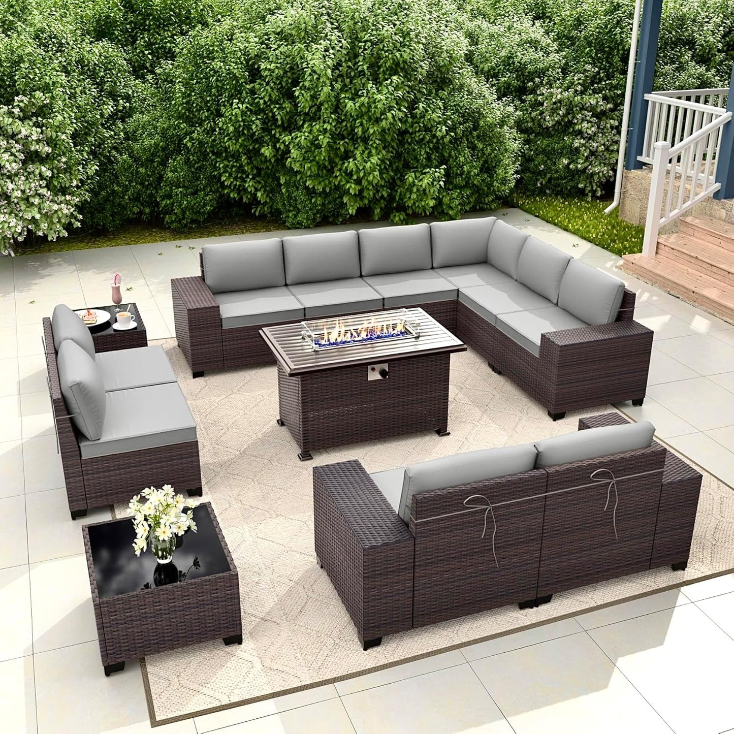 Gotland 7 Pieces Patio Furniture Set with 1 Coffee Table, 6 Seater Wicker Rattan Patio Set with 29.5'' High Backrest Thick Cushions Adjustable Foot Pads, for Porch Deck Garden Green Blue