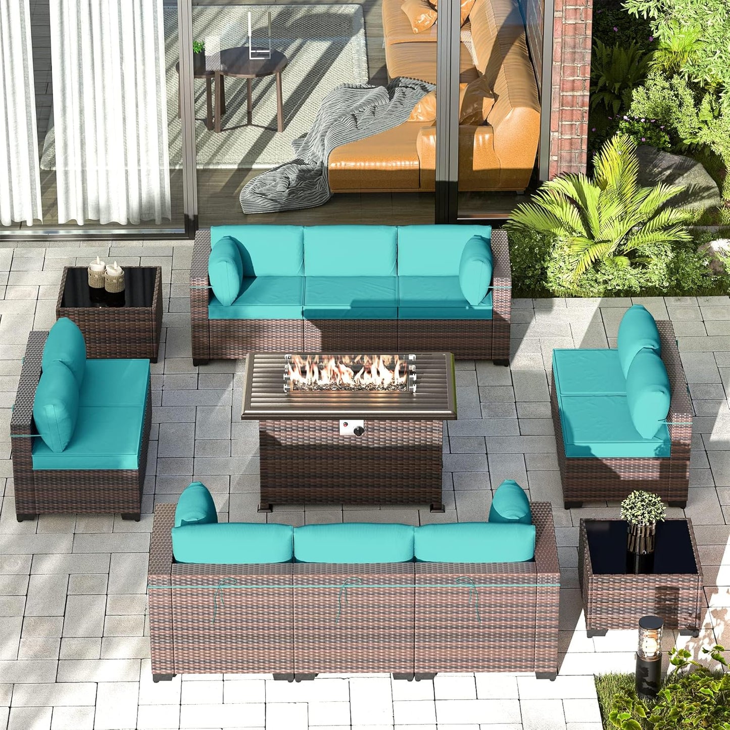 Gotland 7 Pieces Patio Furniture Set with 1 Coffee Table, 6 Seater Wicker Rattan Patio Set with 29.5'' High Backrest Thick Cushions Adjustable Foot Pads, for Porch Deck Garden Green Blue