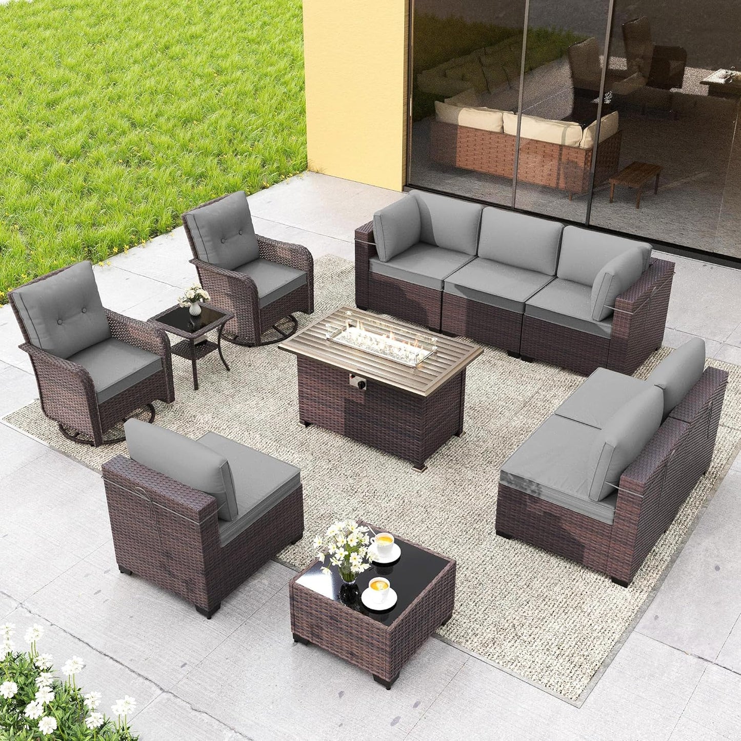 Gotland 7 Pieces Patio Furniture Set with 1 Coffee Table, 6 Seater Wicker Rattan Patio Set with 29.5'' High Backrest Thick Cushions Adjustable Foot Pads, for Porch Deck Garden Green Blue