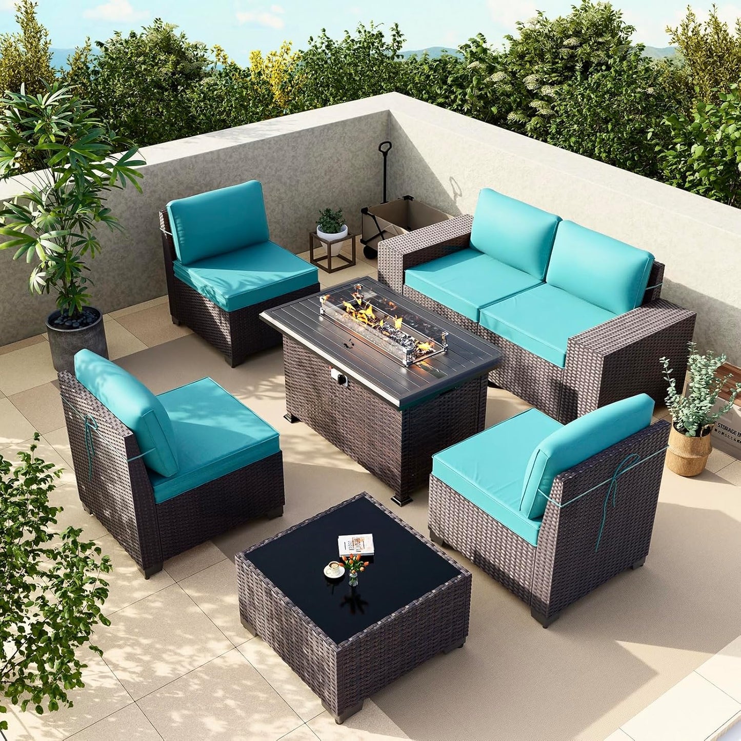 Gotland 7 Pieces Patio Furniture Set with 1 Coffee Table, 6 Seater Wicker Rattan Patio Set with 29.5'' High Backrest Thick Cushions Adjustable Foot Pads, for Porch Deck Garden Green Blue