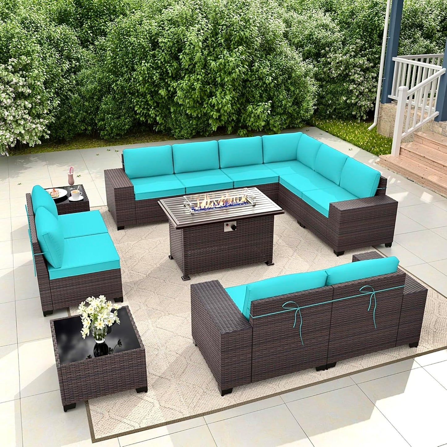 Gotland 7 Pieces Patio Furniture Set with 1 Coffee Table, 6 Seater Wicker Rattan Patio Set with 29.5'' High Backrest Thick Cushions Adjustable Foot Pads, for Porch Deck Garden Green Blue