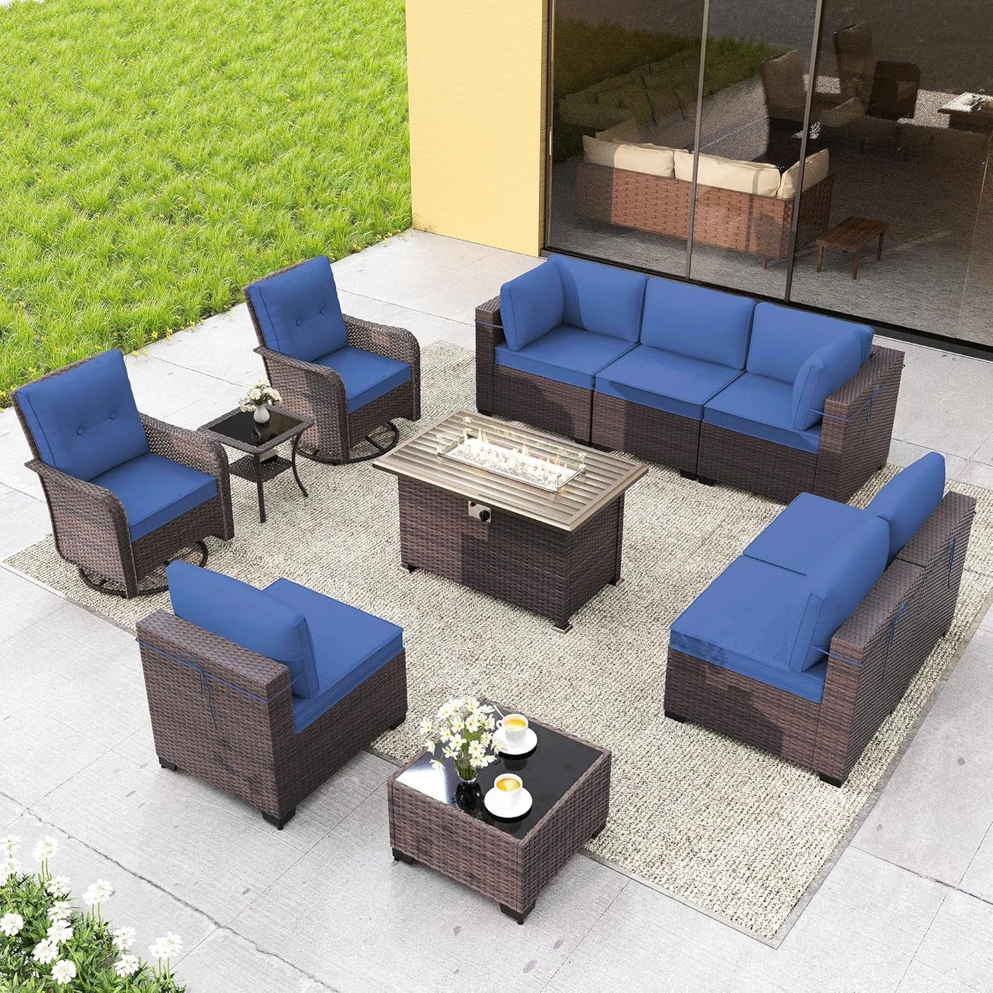 Gotland 7 Pieces Patio Furniture Set with 1 Coffee Table, 6 Seater Wicker Rattan Patio Set with 29.5'' High Backrest Thick Cushions Adjustable Foot Pads, for Porch Deck Garden Green Blue