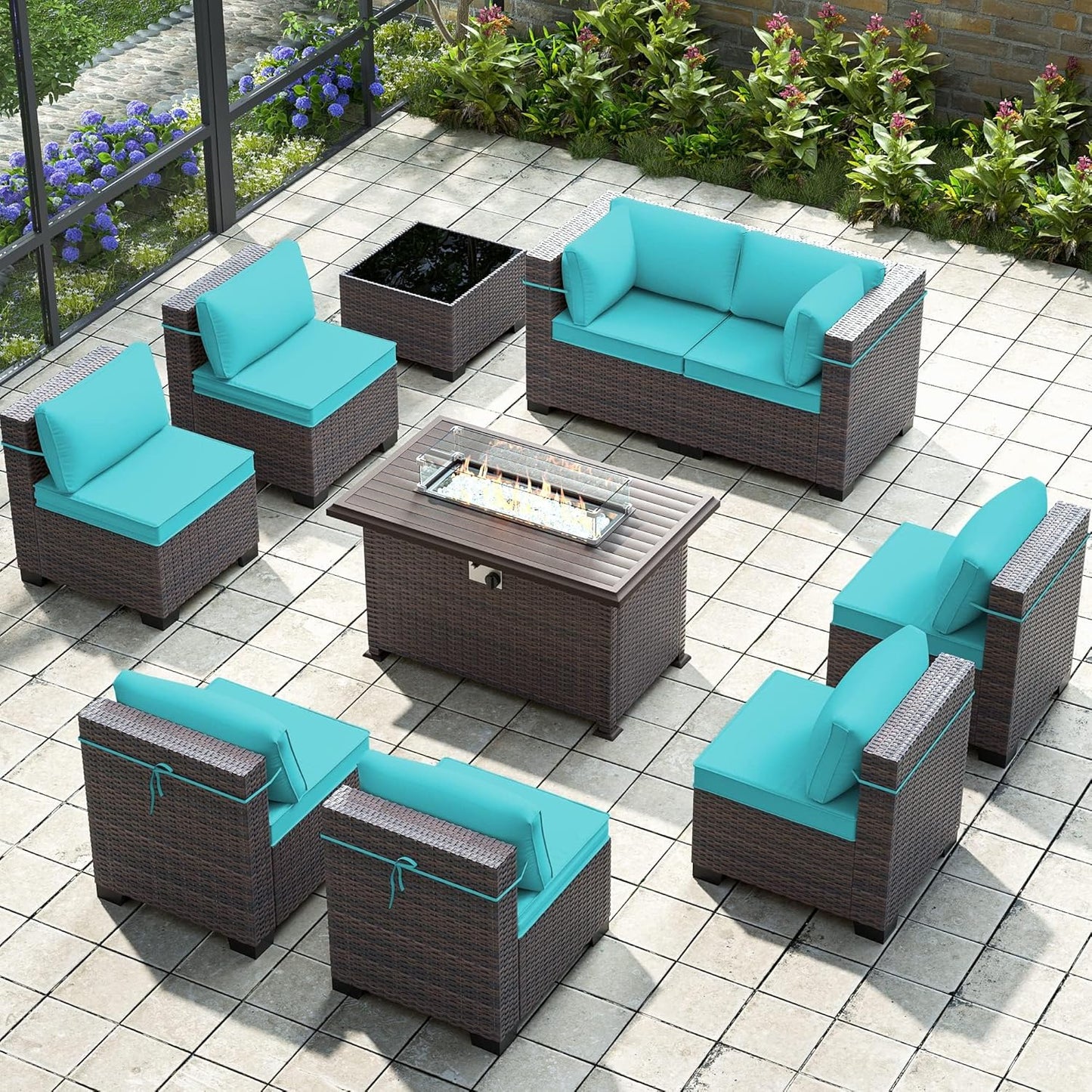 Gotland 7 Pieces Patio Furniture Set with 1 Coffee Table, 6 Seater Wicker Rattan Patio Set with 29.5'' High Backrest Thick Cushions Adjustable Foot Pads, for Porch Deck Garden Green Blue