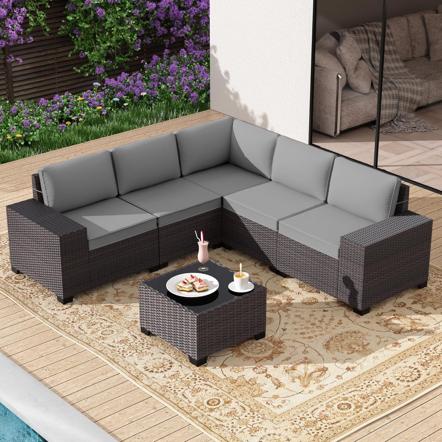 Gotland 7 Pieces Patio Furniture Set with 1 Coffee Table, 6 Seater Wicker Rattan Patio Set with 29.5'' High Backrest Thick Cushions Adjustable Foot Pads, for Porch Deck Garden Green Blue