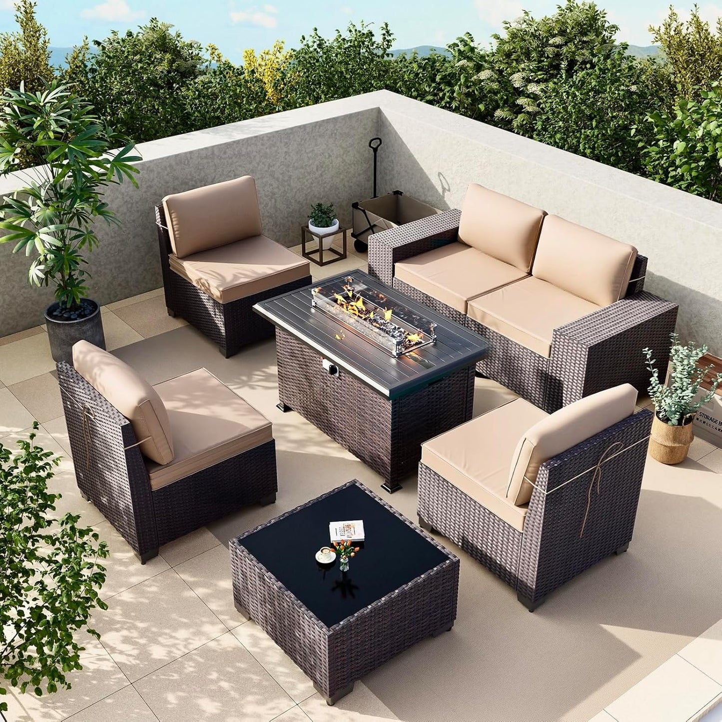 Gotland 7 Pieces Patio Furniture Set with 1 Coffee Table, 6 Seater Wicker Rattan Patio Set with 29.5'' High Backrest Thick Cushions Adjustable Foot Pads, for Porch Deck Garden Green Blue