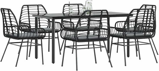 Garden Dining Set Black Poly Rattan Six-Seater Removable Covers Outdoor Furniture Outdoor Decor for Terrace Balcony