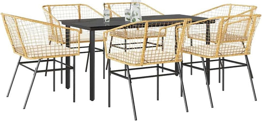 Garden Dining Set Brown Poly Rattan 6-Seater Outdoor Chairs Patio Furniture Set for Outdoor Terrace