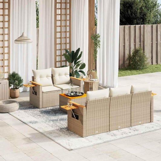 Garden Sofa Set Beige PE Rattan Modular Outdoor Furniture Set for Patio Balcony and Terrace 6 Seater Weather Resistant Comfortable Cushions