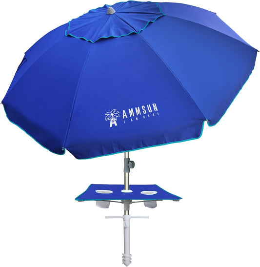 AMMSUN 7ft Heavy Duty High Wind Beach Umbrella with sand anchor, Built-in Table Tray Vent Tilt Pole, UPF 50+ Windproof Portable Outdoor Umbrellas Carry Bag for Patio Garden Pool Backyard Navy