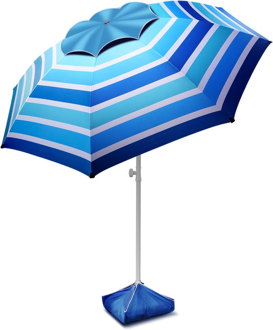 8FT Large Beach Umbrella with Level 7 Wind Resistance, Sand Anchor, Portable Outdoor Umbrella with UPF50+ UV Protection, Tilt Sun Shelter for Beach, Patio, Yard