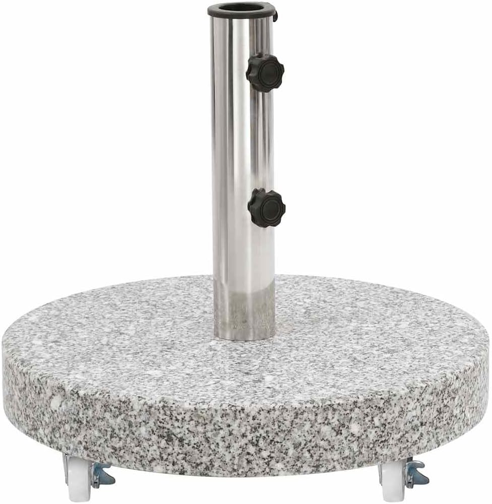 vidaXL 66.1lb Round Umbrella Base with Wheels, Patio Parasol Base for 1.5"/1.9" Pole Sizes, Granite Plate, Stainless Steel Pipe, Elegant Style, Ø17.7 Grey