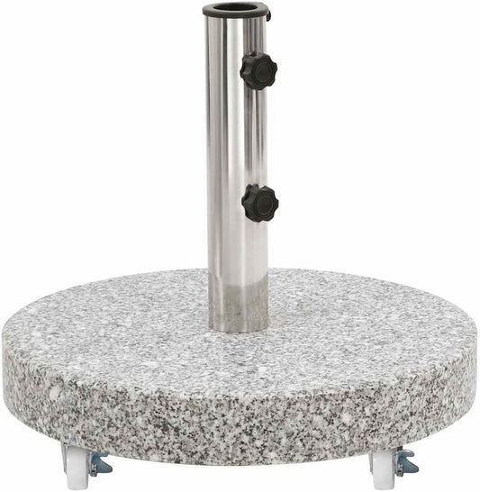 vidaXL 66.1lb Round Umbrella Base with Wheels, Patio Parasol Base for 1.5"/1.9" Pole Sizes, Granite Plate, Stainless Steel Pipe, Elegant Style, Ø17.7 Grey